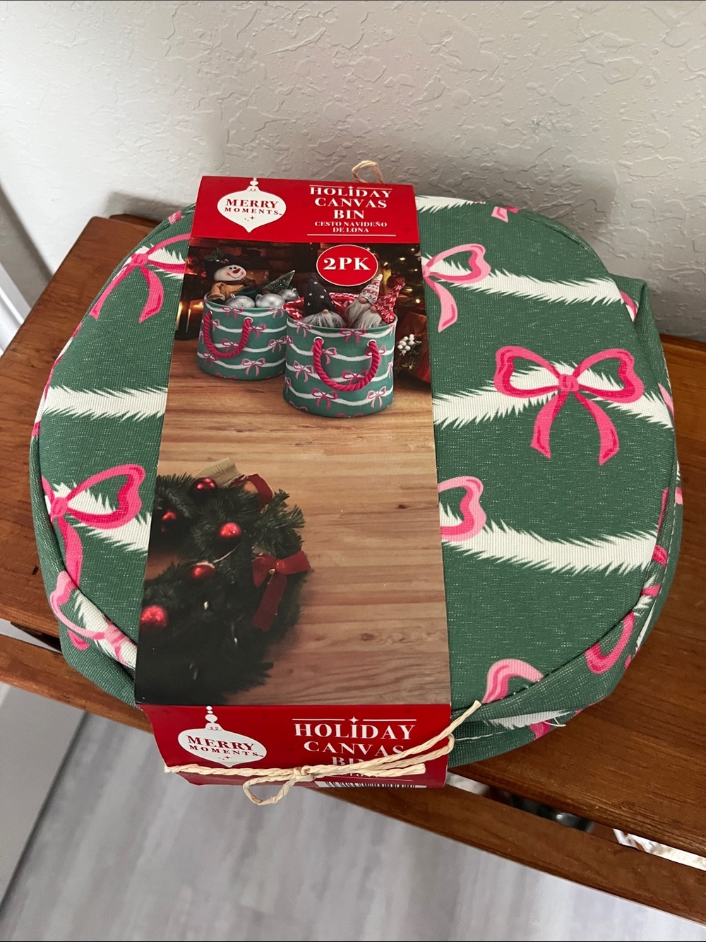 Merry Moments Green & Pink Holiday Canvas Bin - 2 Pack Rope Handles NWT